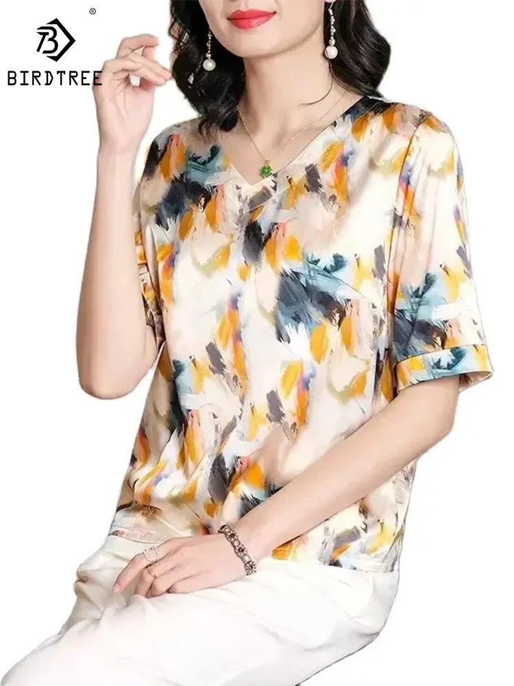 

BirdTree Short Sleeve V-Neck Print,91.8% Mulberry Silk,Shirt for Women,Satin Elegant OL Blouse,2024 Spring New Top,T42291QM