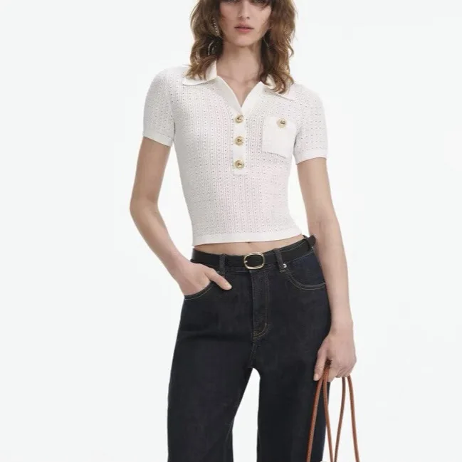 

2025 Women's White Hollow out Knit Short Sleeve Top