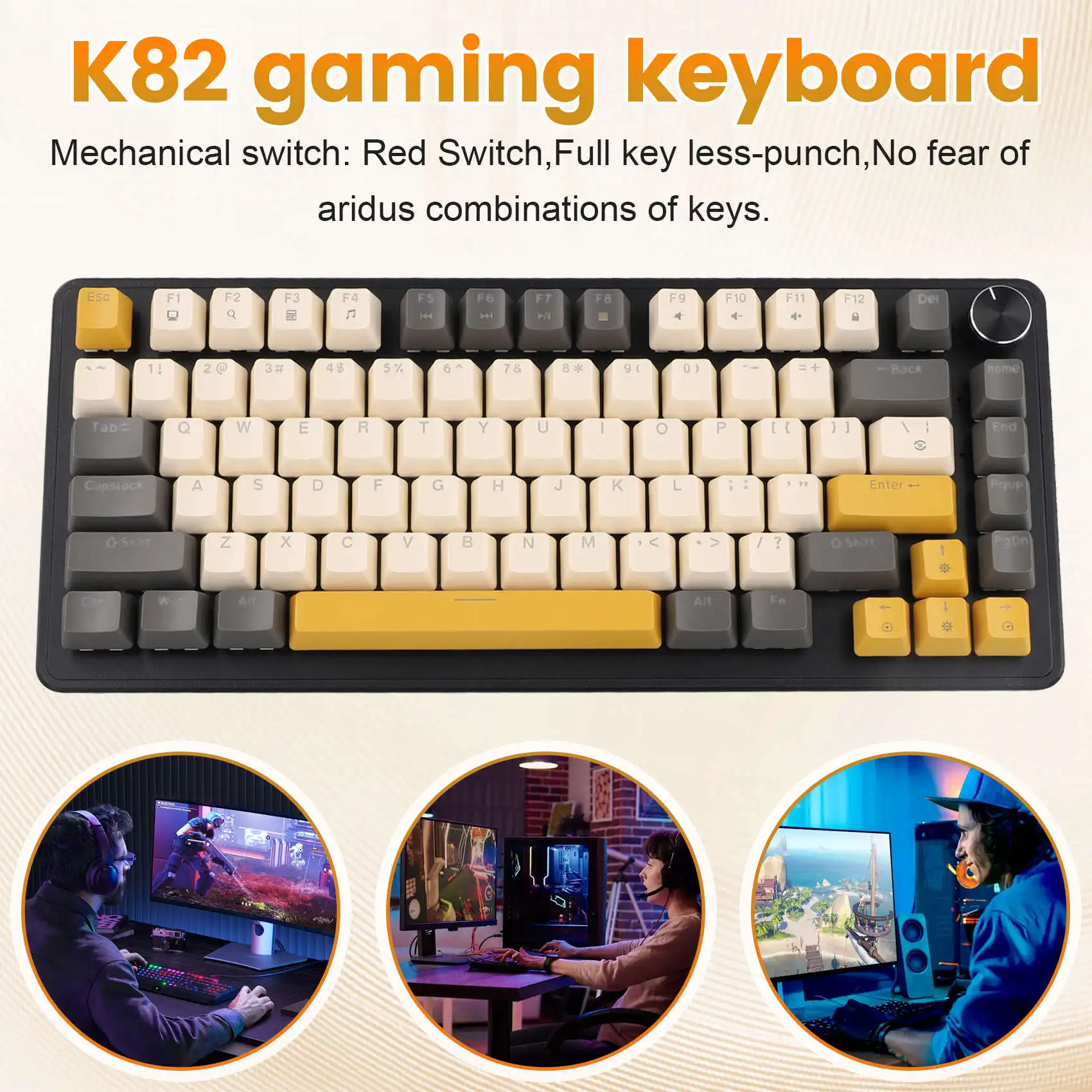 K82 Gaming Keyboard With Media Knob, Hot-Swappable Mechanical Keyboard Wired, Glimmer Blue Switch Key Cable Separation-AEF7