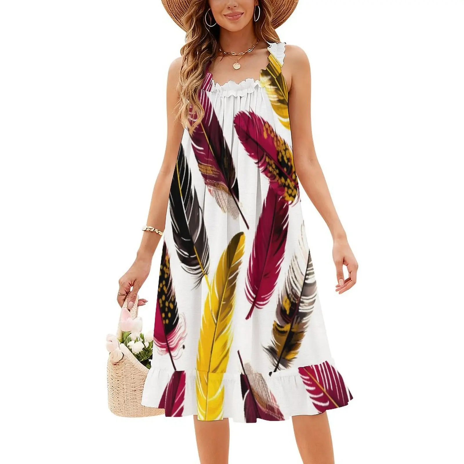 깃털-핑크 아이보리 골드 블랙 3 플로럴 스모크 드레스 여성용 봄 여름 캐주얼 드레스 파티용 깃털 핑크 아이보리 골드