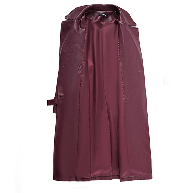 Classic Double-breasted Women's Wine Red Lace-up Belt Sheepskin Trench Coats Chic Ladies Lapel Long Split Leather Trench Outwear