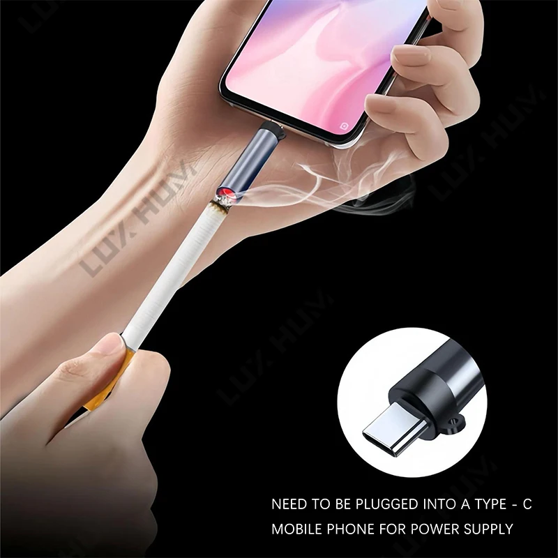 Portable USB-C Cigarette Lighter Universal Type-C Non-Gas Tiny Electric  Lighter for Travel Automatic Turn Off Blow to Light Up