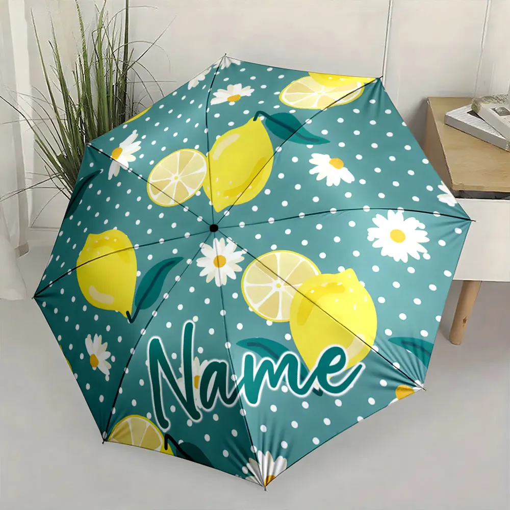 Custom Name Umbrella Lemon and Daisy Decorative Umbrella Design Print 8 Iron Ribs Folding Umbrella Auto-Open Fashion Sunshade