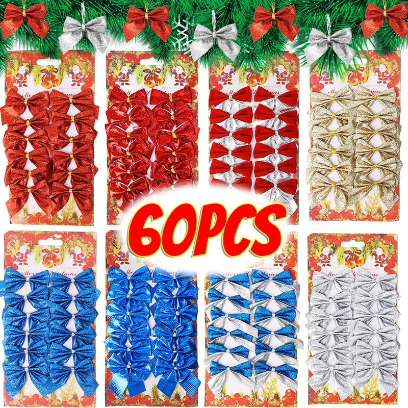 12-60Pcs Christmas Bow Ornaments Sparkling Mini Bowknots Pendants Xmas Tree Hanging Decorations Navidad New Year Party DIY Gifts