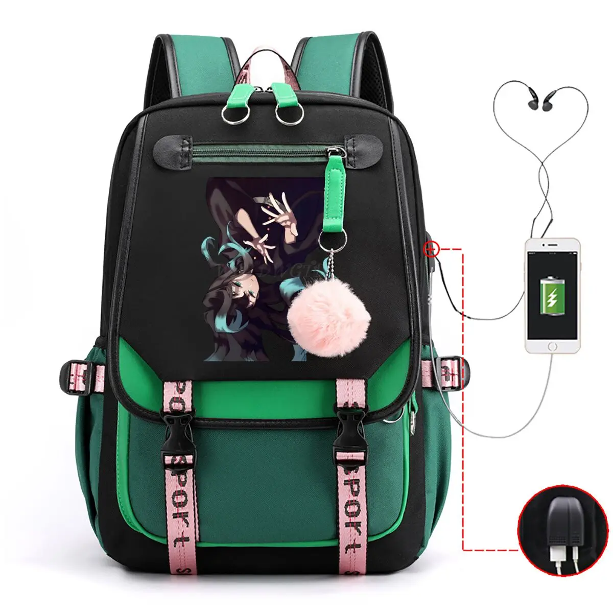 Tokitou Muichirou Anime Style School Bag Kimetsu No Yaiba USB Charging College Bag Middle and High School Students Backpack