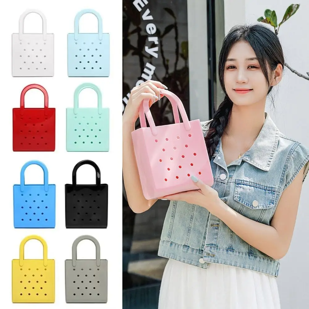 

Portable Solid Color Summer Beach Bag Waterproof Travel Rubber Hole Handbags Vacation DIY Storage Jelly Tote Bag Pouch