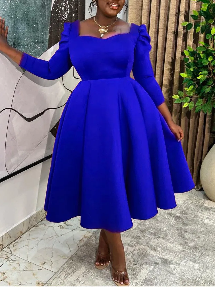 

Autumn Winter Women's Clothing Square Neck High Waist A Line Midi Dress Elegant Evening Wear Polyester Long Sleeve Solid Color
