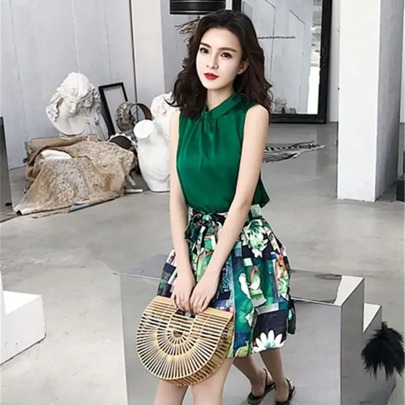 Mini Solid Color Dress Skirt Woman Outfit Mature Printing Short 2 Pieces Sets for Women Beach Formal Occasion New Matching Korea