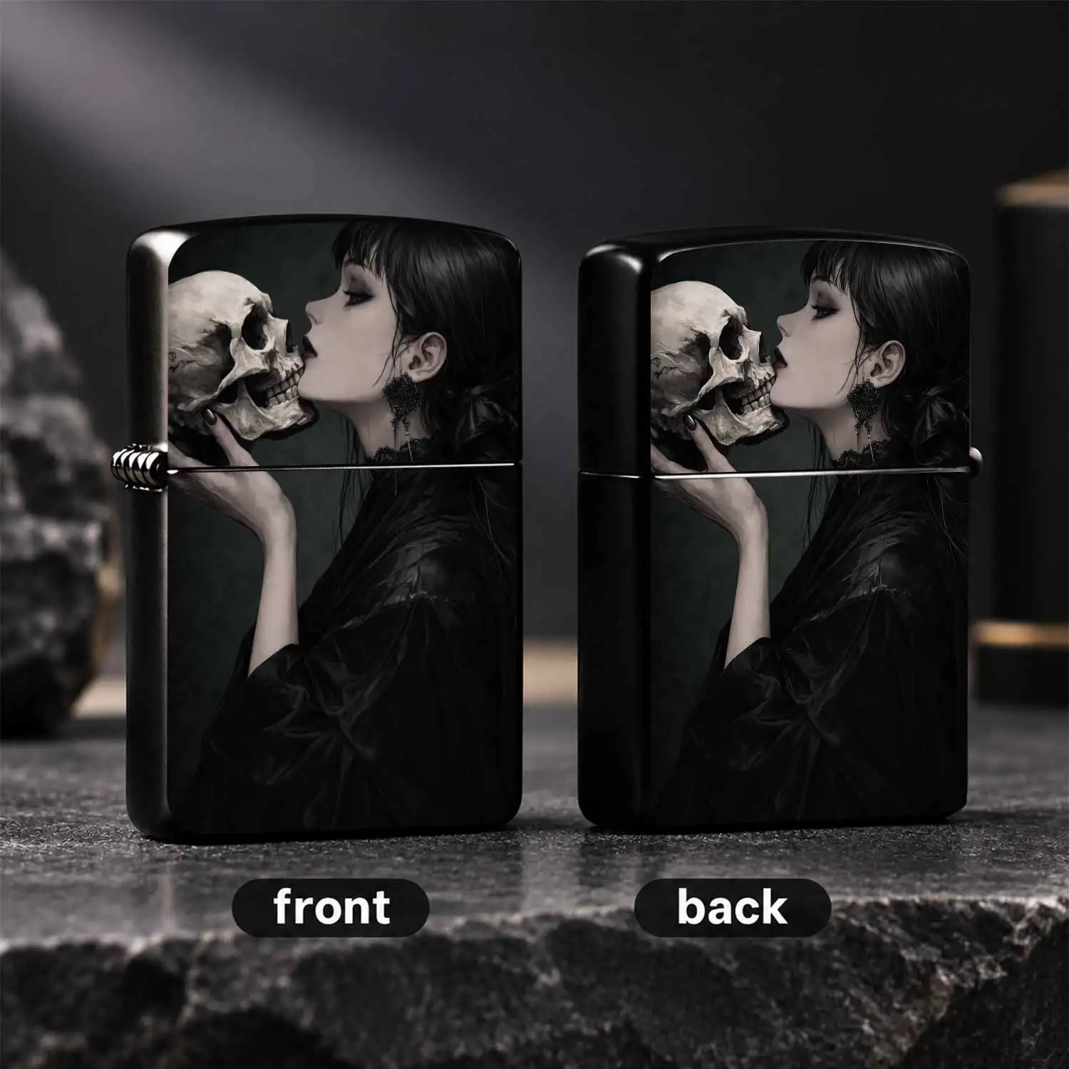 Dark Gothic Aesthetic Art Pattern Lighter, Exquisite Portable Ignition Accessory With Unique Skeleton Kiss Lady Design, Vintage Moody Dark Style Collectible, Versatile For All Daily Scenarios, Stylish Gifting Choice For People Who Love Uniq