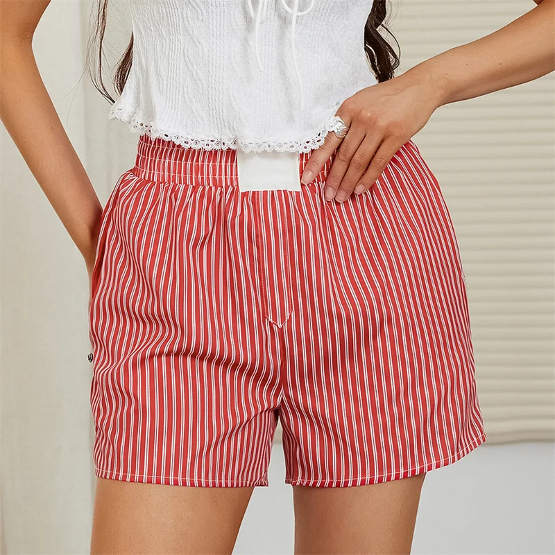 Women Y2K Vintage Striped Pajamas Shorts Elastic Waist Wide Leg Gingham Boxer Lounge Shorts Checked Pj Bottom Going Out Shorts