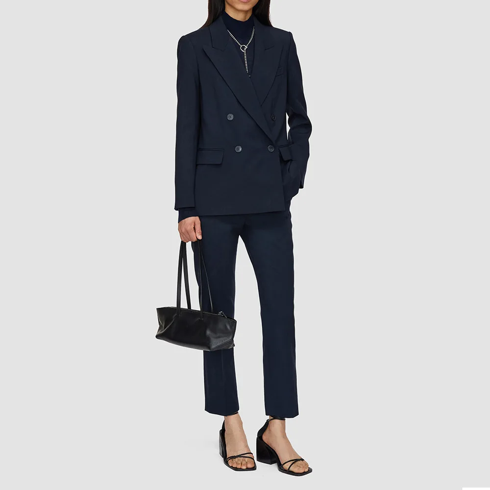 

Classic Navy Blue Women's Two Pieces Suit Set Double Breasted Peak Lapel Jacket Pant Sets Formal Office Business Female Clothing