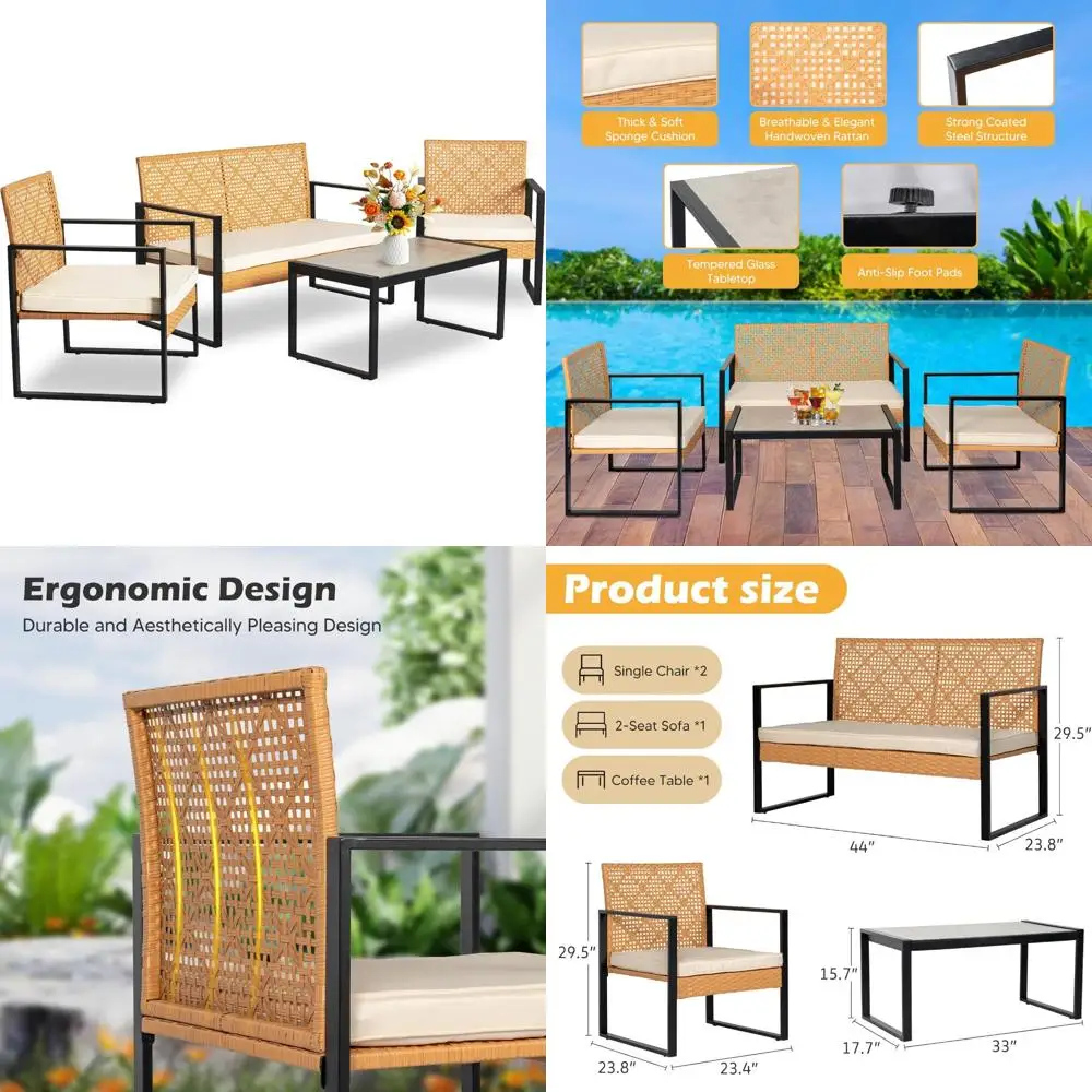 

4 Pieces Patio Furniture Set, Outdoor Wicker Patio Conversation Sets with Cushion and Glass Table, Front Porch Furniture Sets f