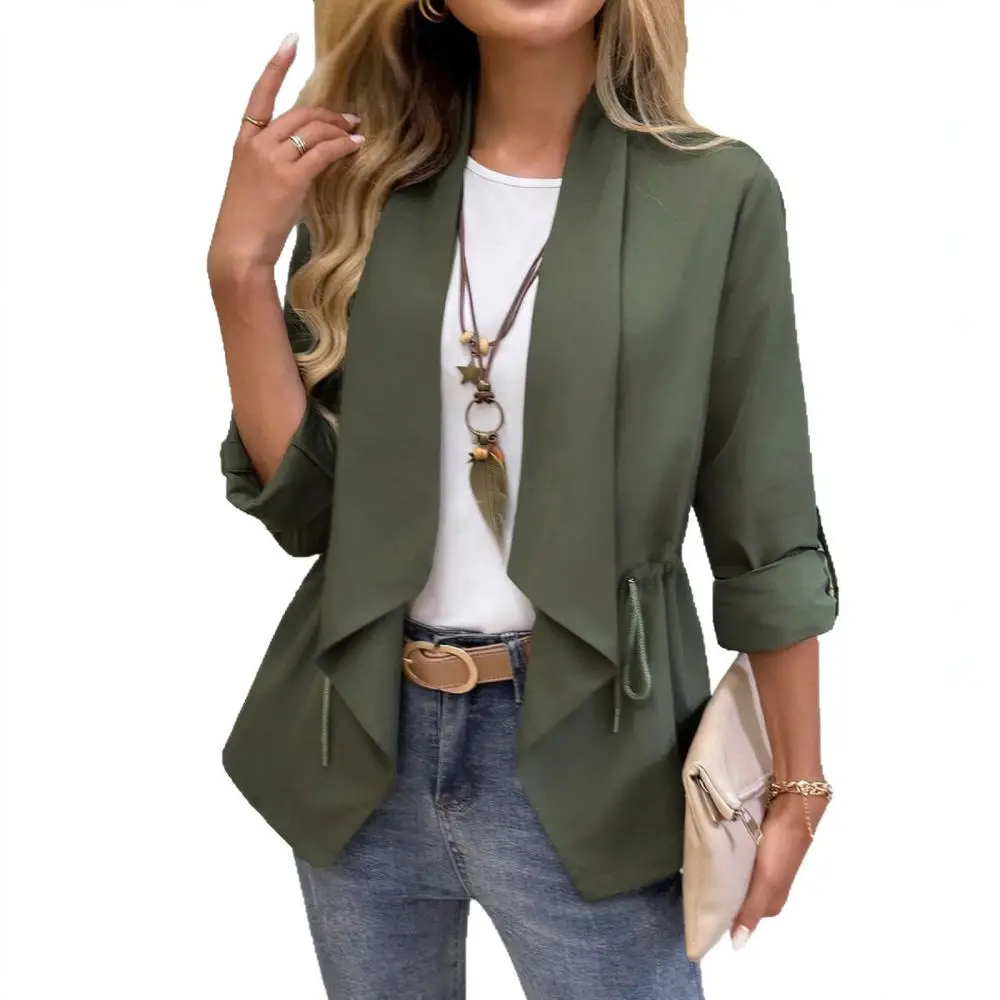 Womens Casual Short Jacket Long Sleeve Polo Collar Solid Color Outerwear Fashion Drawstring Hem Spring Autumn Loose Coat
