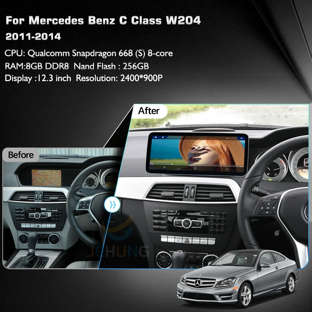 2400*900P 12.3 inch Android 13 For Mercedes Benz C Class W204 2011-2014 Car Multimedia Player CarPlay GPS Radio 5G Navigation