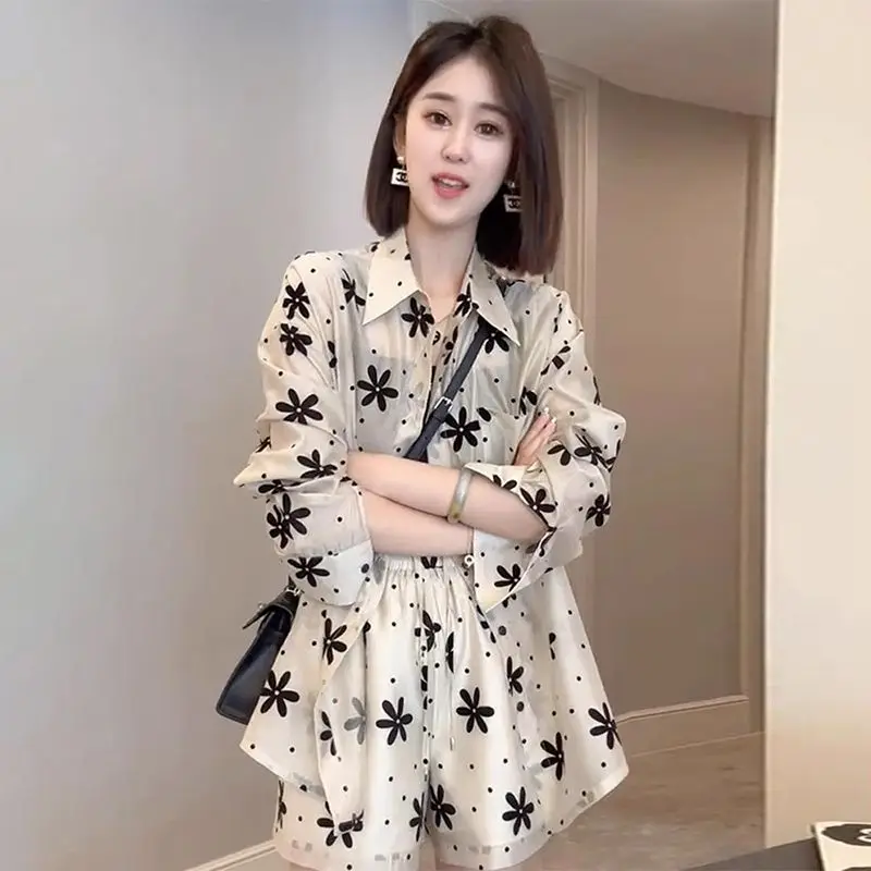 Women Dress Fashion Korean Version Sense Advanced Little Fellow Printing Thin Sun Protection Shirt Short Two-piece Spring Summer