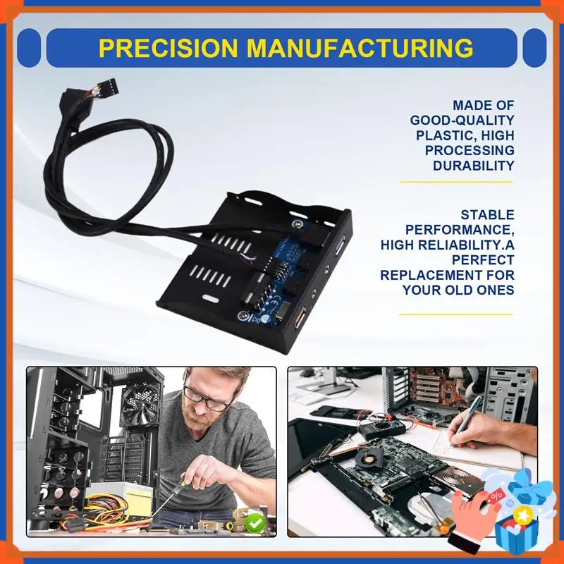 Compact 19Pin USB Front Panel Hub, Dual USB3.0 Ports With 3.5Mm Audio & Mic Jack, Quick BC1.2 Charging For 3.5" Floppy Disk Bay