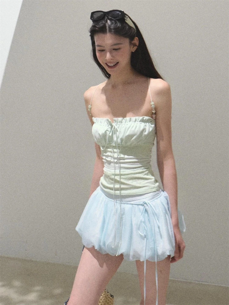 Ensemble 2 pièces pour femmes, Style doux français, hauts Design à bretelles Y2k + jupe décontractée taille haute, mode féminine Chic, tenues d'été 2025