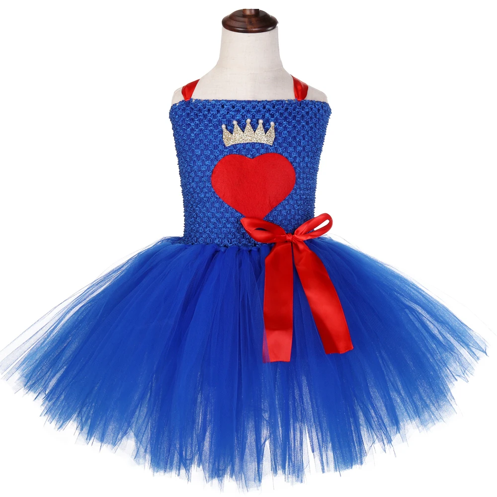 Royalblue Descendants Evie Princess Dresses for Girls Christmas Halloween Costumes for Kids Red Heart Queen Tutus with Crown Bow