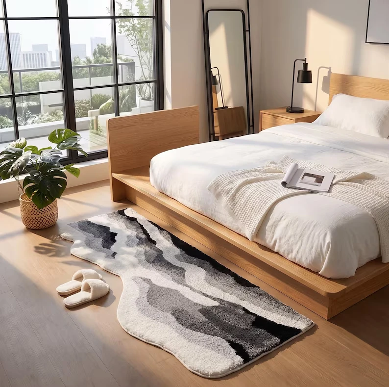 VIKAMA Black White Gray Abstract Wave Runner Rug Stain Resistant Easy Clean Floor Mat Bedroom Bedside Living Room Home Decor