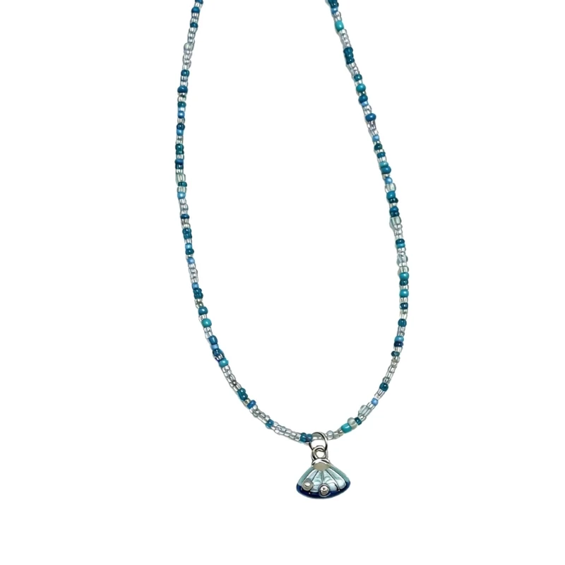  Fashionable Dainty Beaded Chain Necklace Adorned With Blue Seashells Charm
