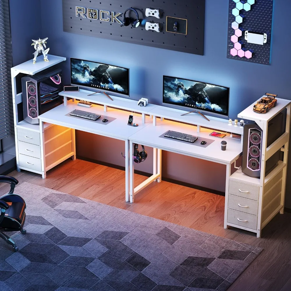 52 inch Gaming Desk with USB Charging Ports & LED Lights, White