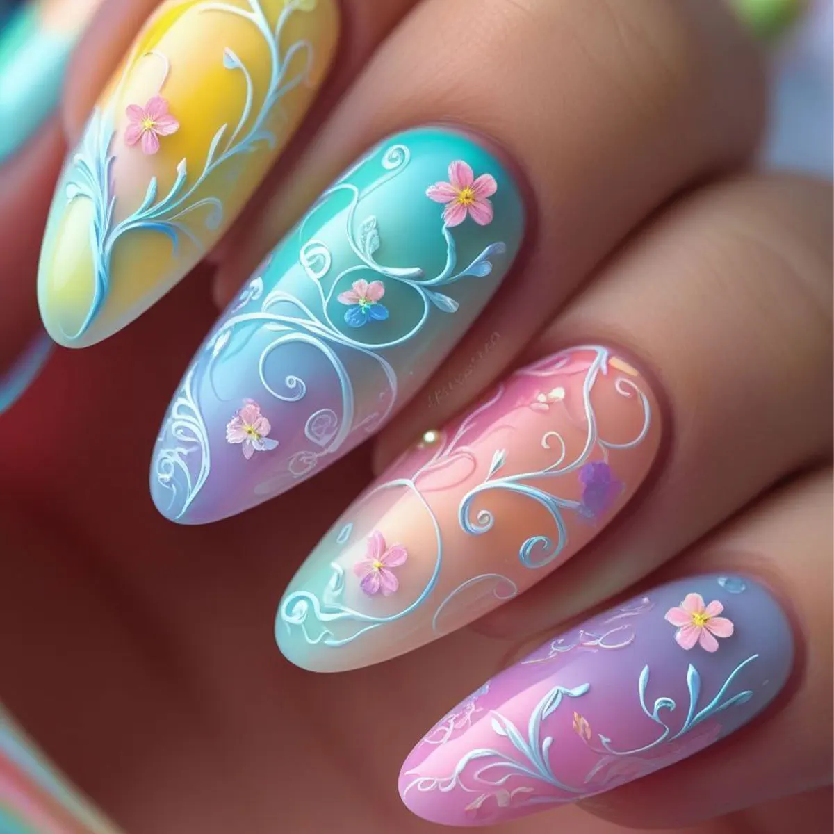 

24pcs Macaroon Color Almond False Nails Gradient Rainbow Flower Pattern Printed Press On Nails Sweet Korean Style Fake Nail Tips