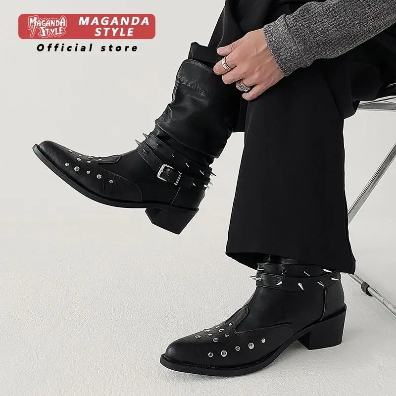 Original design Western short boots for men and women with thick heels niche pointed knight boots slimming studded pile boots