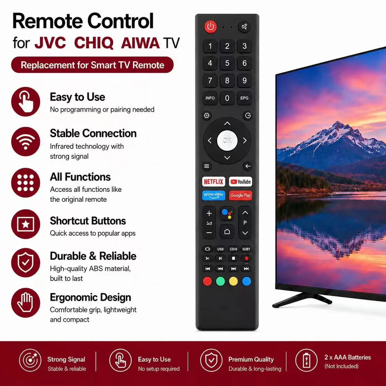 RM-C3362 C3367 Remote for Chiq Saba OK. Realme Bravis Aiwa JVC BPL Bauhn KOGAN Nikkei Neufunk Wansa Syinix Itel Alpha HYUNDA TV