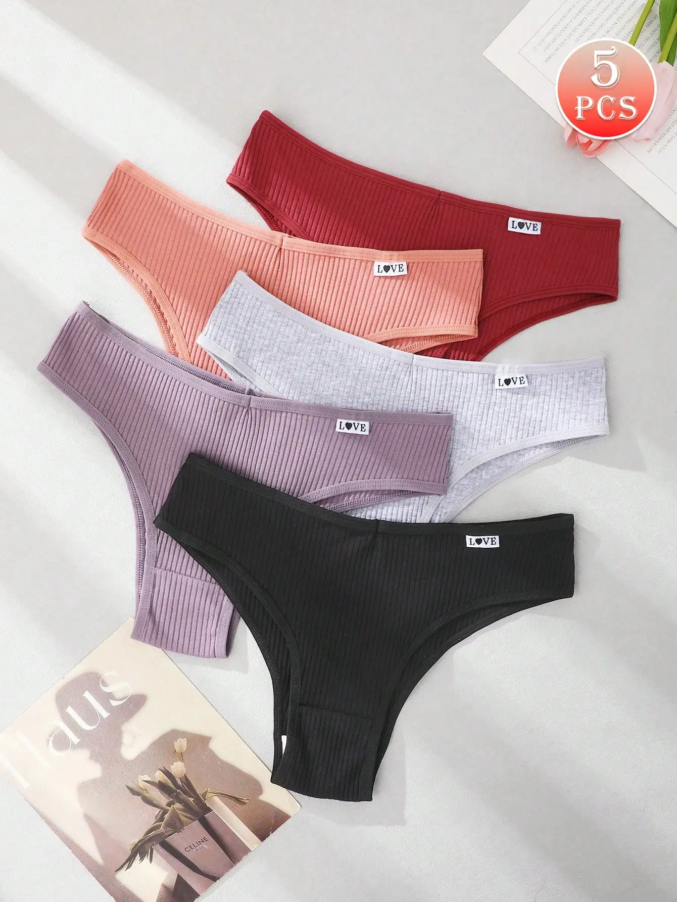 5 Stück/Packung Damen-Slips mit niedrigem Bund, niedriger Taille, niedlichem Aufdruck und Buchstaben-Design, hochelastisch – Detail 4