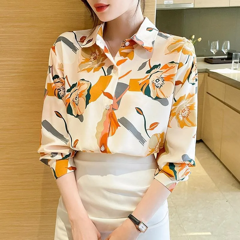 

2024 Spring/Summer Fashion Shirt Women's Long Sleeved Printed Tops Chiffon Blouses Ladies Loose Casual Lady Blusas Shirts