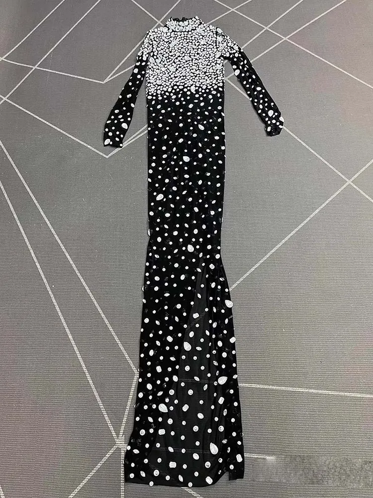 جودة عالية الساخن ختم مثير منظور شبكة الشق فستان 2025 موضة جديدة مخصصة الملابس النسائية