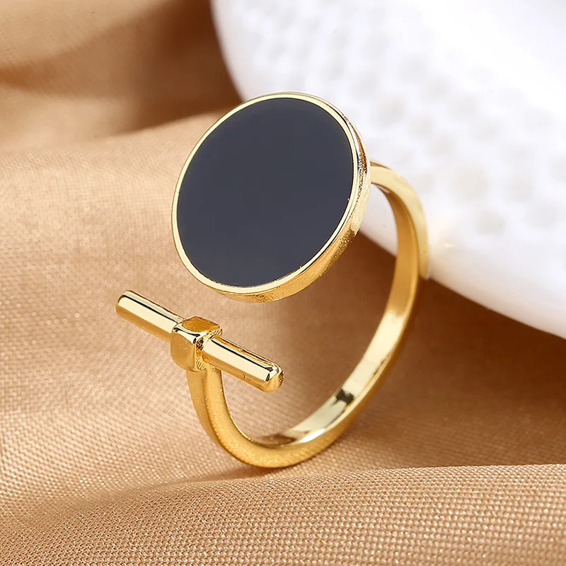 Women's Fashion Geometric Open Rings Accessory Black/White Round Epoxy Glossy Disk Female Trendy Golden Ring Jewelry Best Gifts