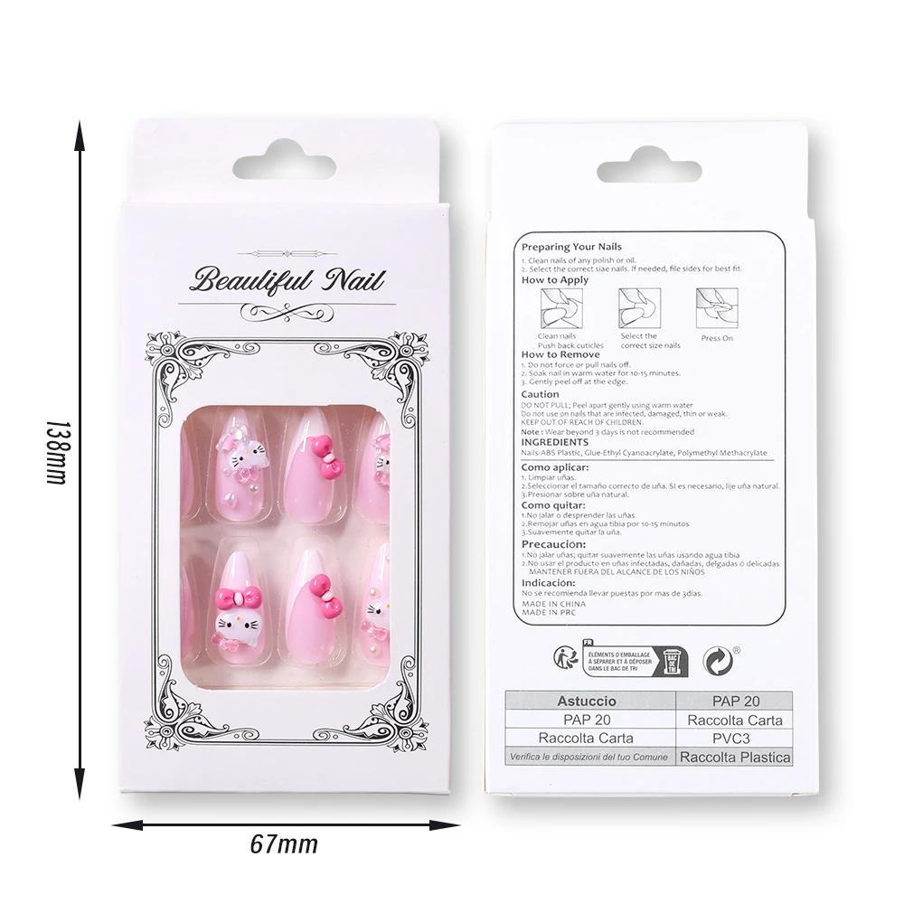 24Tips 3D Hello Kitty Press On Nail Tips Kawaii Cartoon Kitty Розовый бант Французский миндаль Накладные ногти для девочек DIY Украшение ногтей