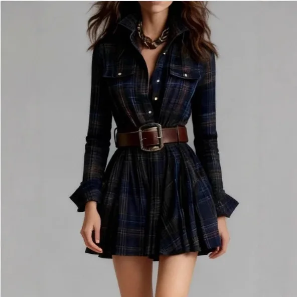 Women's Retro Plaid Slim Irregular Long Sleeve Dress Women's New Design Sense Short Dress Large Size Vestidos