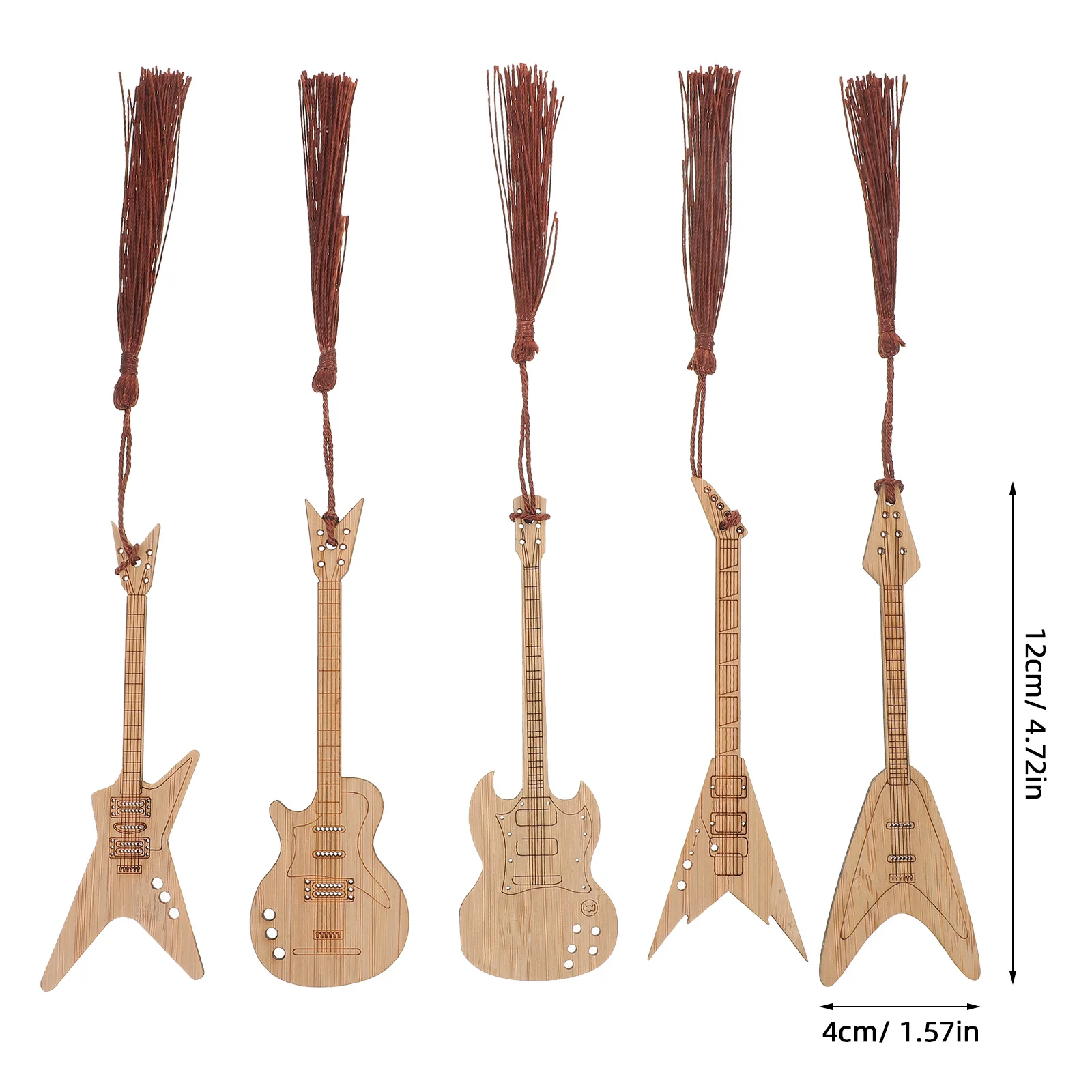 5Pcs Bamboo Guitar Shape Bookmarks Decorative Book Page Markers Unique Tassel Design Reading Gifts Guitar Modeling Bookmarks