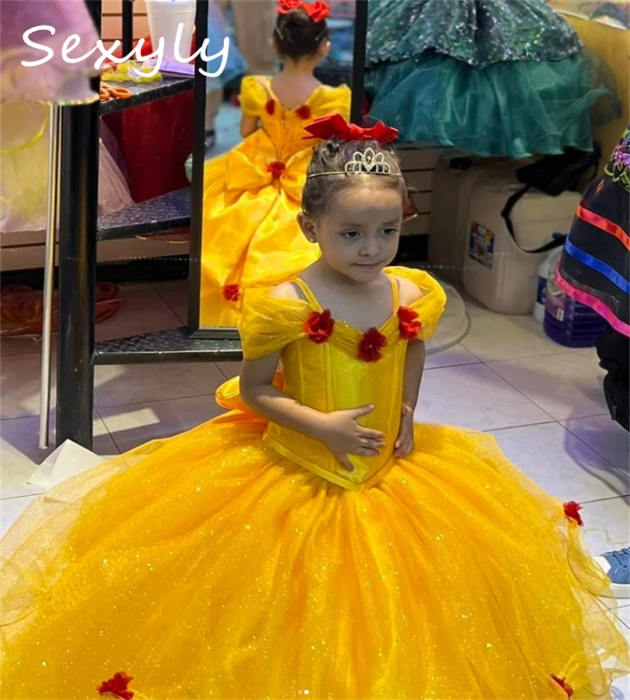 Princesa amarelo flor meninas vestido crianças vestidos de quinceanera mexicanos com 3d floral brilhante menina pageant vestido de festa personalizado