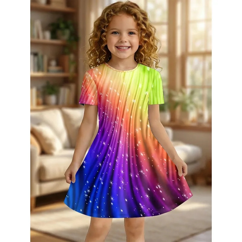 Little Girls Gentle Sweet Bright Cute Dreamy Cartoon Print Summer Swing Dress Short Sleeve Kids Casual Daily Dress