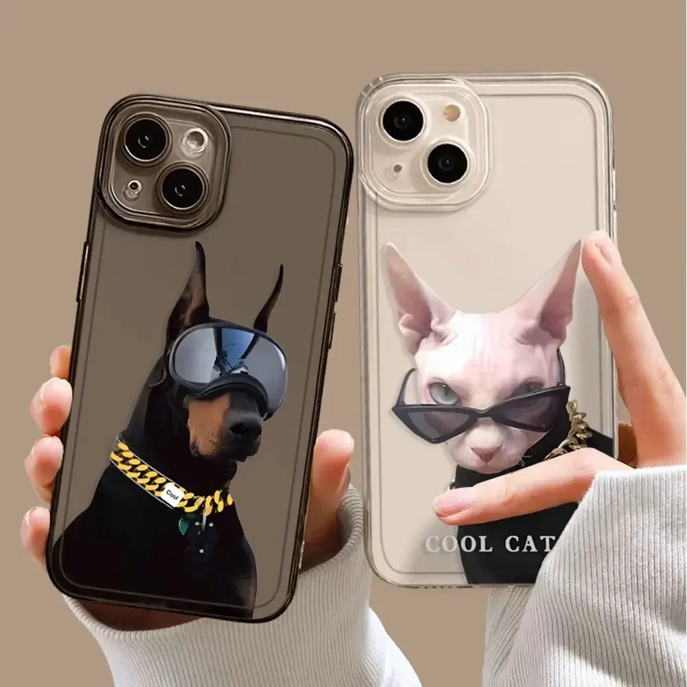 Funny Sunglasses Cat Dog Couples Phone Case for IPhone 16 15 14 13 Pro Max Soft Covers for 12 11 PRO MAX X XS 8Plus Clear Fundas