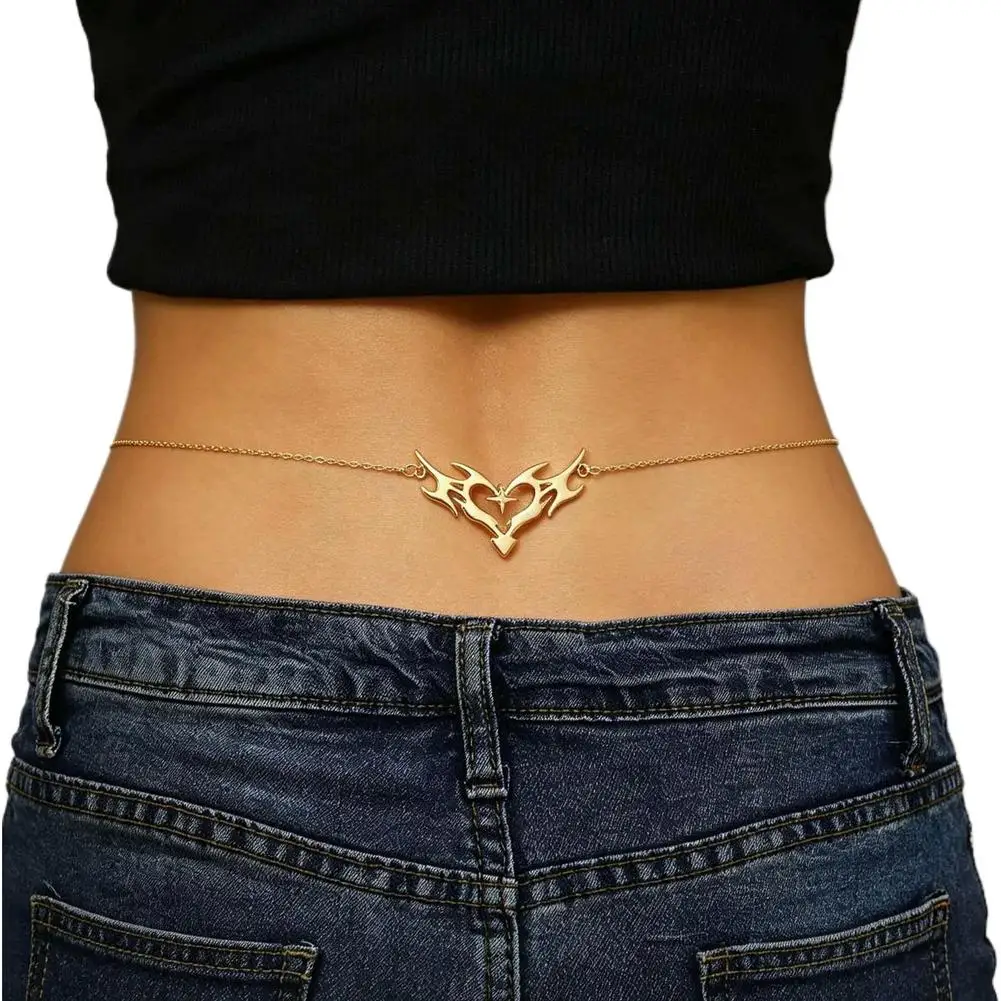 Gotische Herzflammen-Taillenkette, sexy Punk-Metall-Bauchkette, Y2K-Körperkette für Strand-Bikini-Party-Outfit-Schmuck