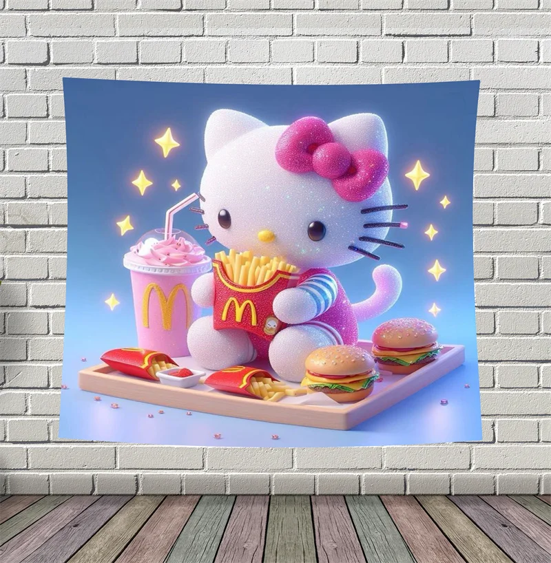 Hello Kitty Tapestry Wall Hanging Kawaii Cartoon Polyester Fiber Home Decor Y2k Pink Room Accessory for Children Birthday Gifts