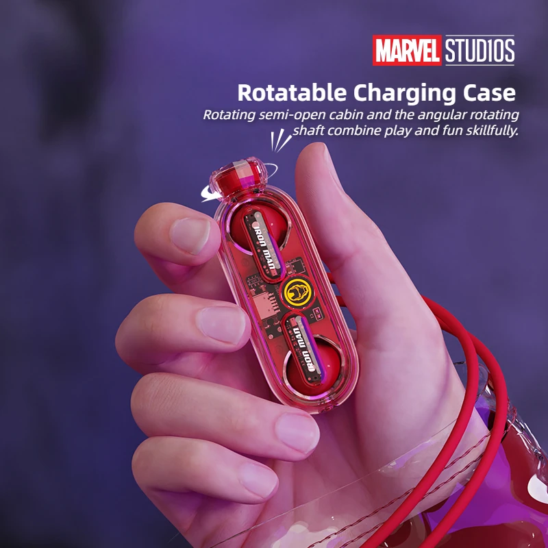 Disney Marvel Necklace Iron Man TWS Earphones RGB Lights Bluetooth 5.3 Headphones HiFi Stereo Wireless Gaming Earbuds with Mic