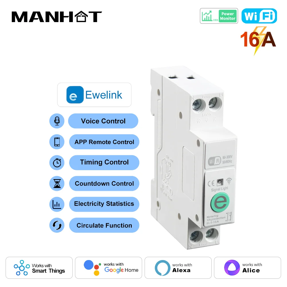 1P 16A Ewelink WiFi Smart Circuit Breaker Switch Meter Kwh Metering Monitoring DIN Rail for Smart Home Wireless Remote Control