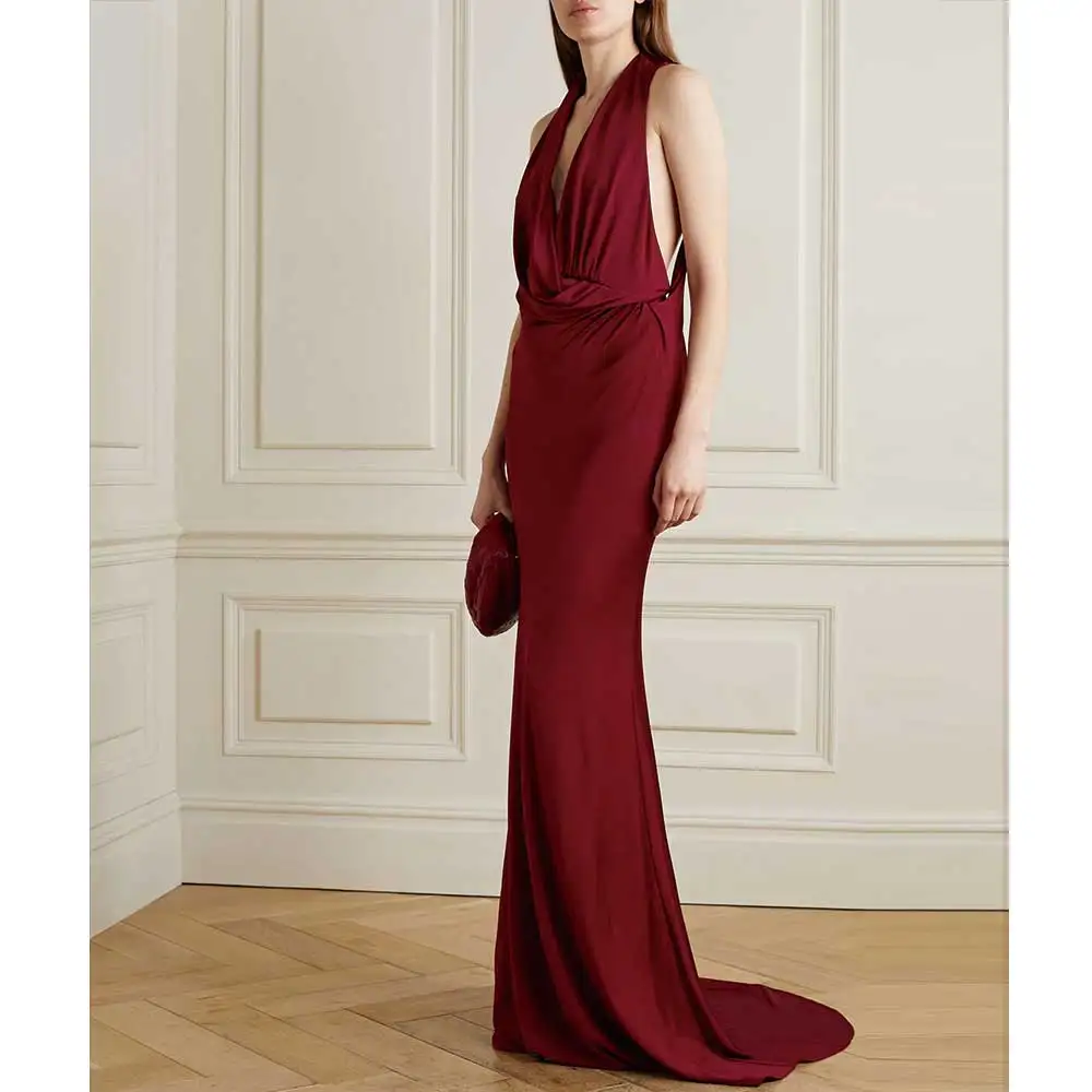 Yumdai Wein rot elegante Satin Braut Hochzeit Party Abendkleid sexy Cocktail kleid Meerjungfrau V-Ausschnitt Geburtstag Ball Kleid lang