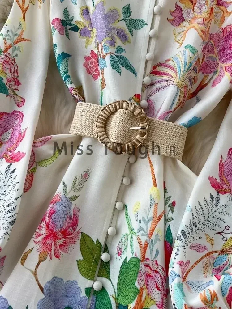 French Elegant Linen Floral Holiday Robe Dress Women Spring Summer Stand Long Lantern Sleeve Sashes Vestidos Flral Print Clothes