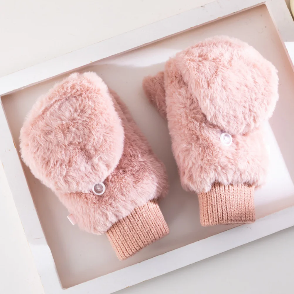 

1Pair Warm Keeping Windproof Gloves Flip-Cover Style Soft Fluff Material Winter Hand Protector for Women Cycling Daily Wear