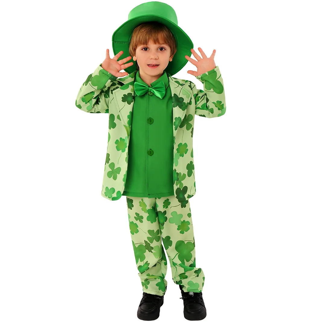 Irish Festival Children Cosplay Costume Lucky Grass Printing Boys Suit Holiday Party Stage Performance School Festival Clothes