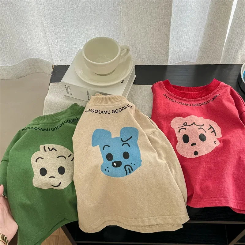 Korean Style Cartoon Children Girls Long Sleeve T-shirt Loose Undershirts Unisex Boys Cotton Soft Hoodie Tops for 80-130cm