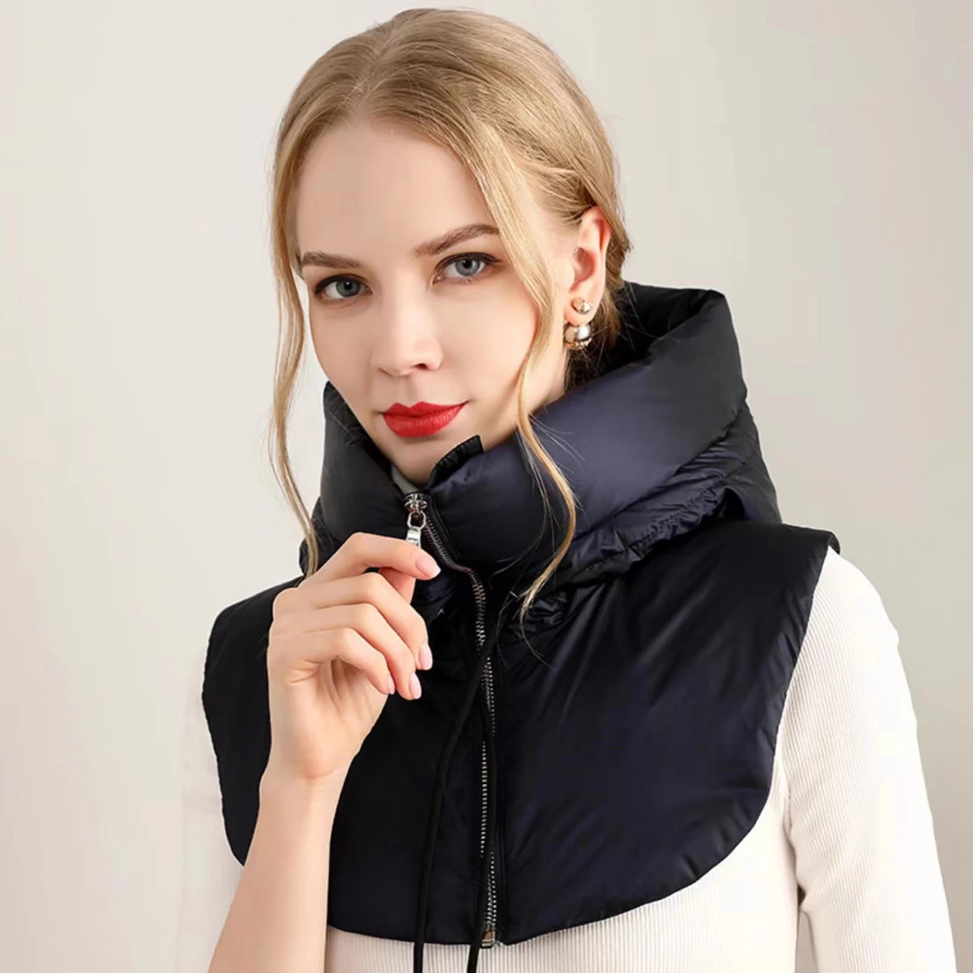 

Winter Ultralight Down Hooded Hats Zippper Drawstring Coat Short Tank Top Removable Neck Cover Fake High Collars Women's