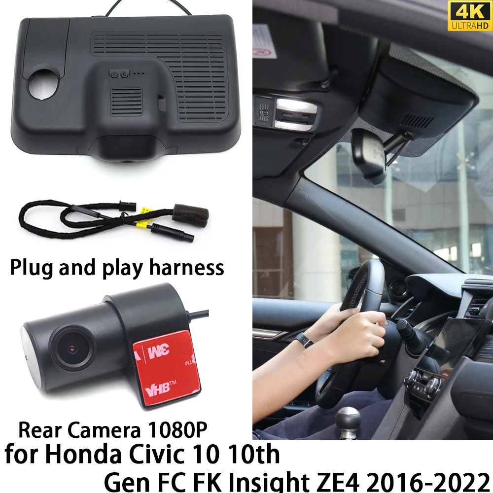 for Honda Civic 10 10th Gen FC FK Insight ZE4 4K DVR Dash Cam OEM Front Rear Camera Video Recorder Night Vision Wifi 2160P