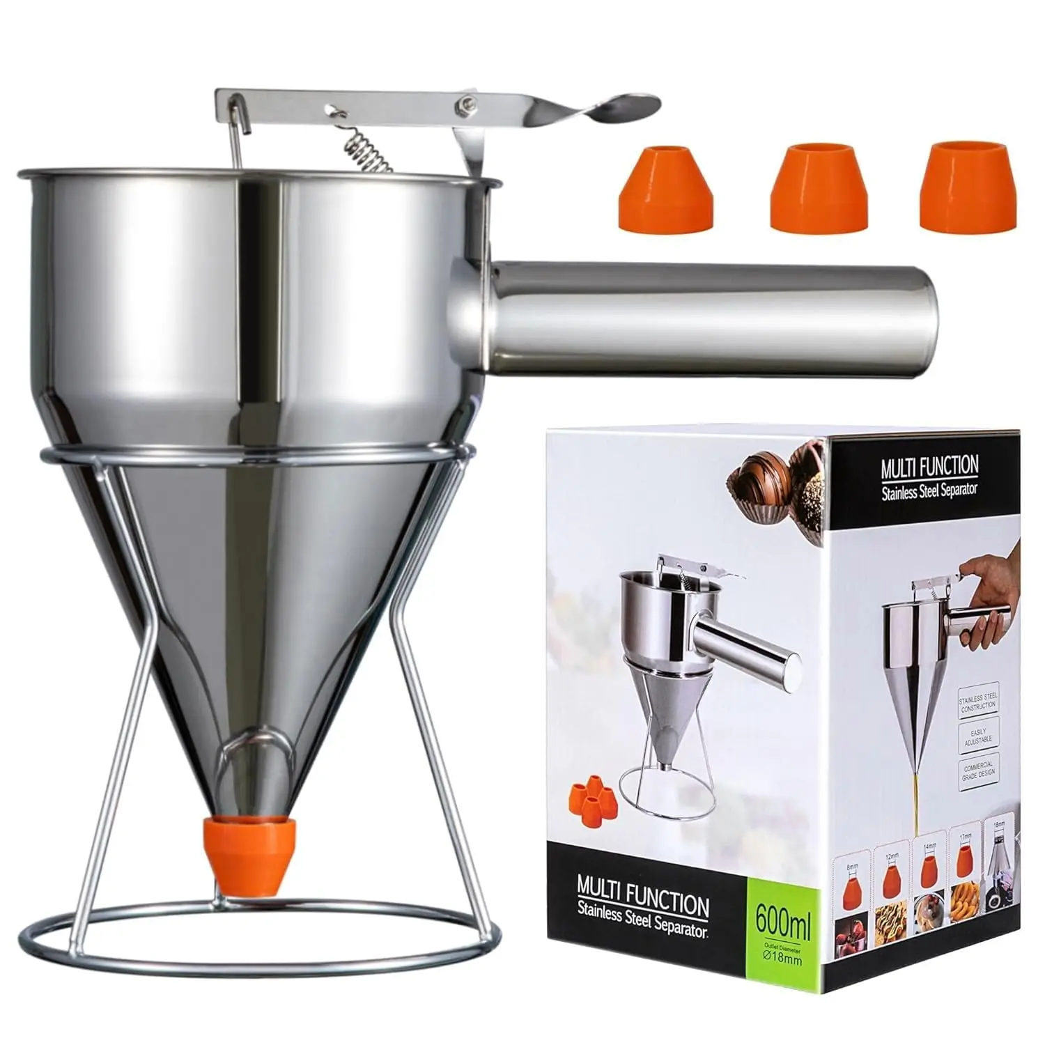 Dispensador de masa para panqueques con 4 boquillas, dispensador de pasteles con embudo de acero inoxidable de varios canales con soporte, ideal para productos horneados